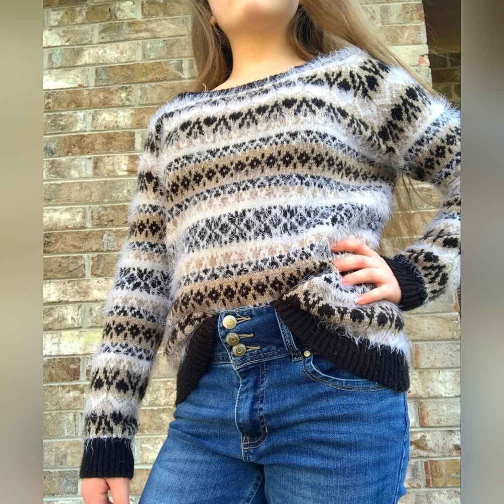 Cozy Soft Sweater - Black, Tan and Cream Vintage Hearts And Diamonds Pattern